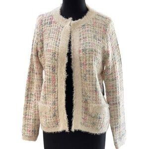 cocobleu Cream Pastels Metallics Soft Tweed Cardigan Blazer Sz L Sweater NWT